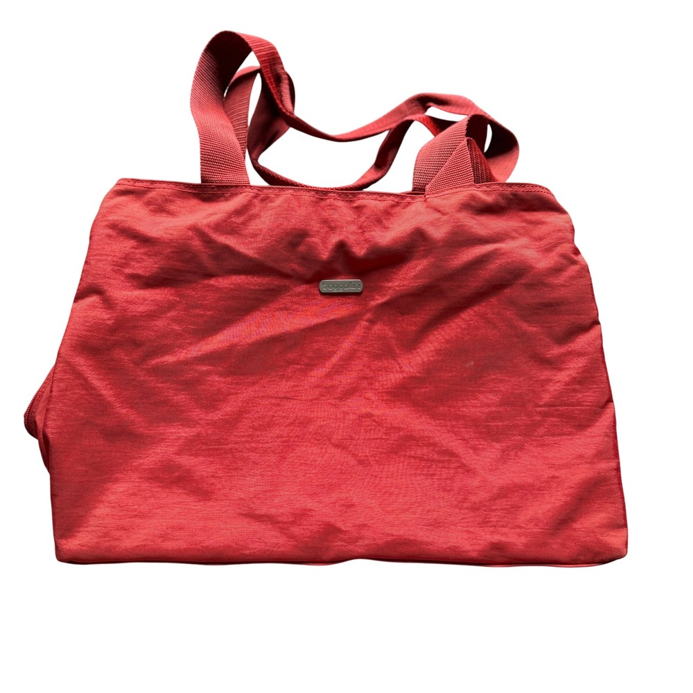 Baggallini Red Orange Nylon 3 Compartment Travel Tote Shoulder Bag Yellow Lining